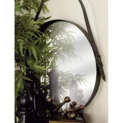 Framed Mirrors-Kirkland's Home Black Round Framed Mirror With Leather Strap
