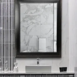 Framed Mirrors-Kirkland's Home Black Two Step Beveled Frame Vanity Mirror