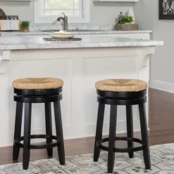 Bar Stools & Counter Height Stools-Kirkland's Home Black Wood Seagrass Seat Swivel Counter Stool Tan