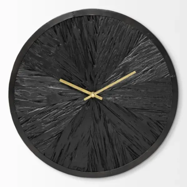 Clocks-Kirkland's Home Black Wood Texture Wall Clock With Gold Hands