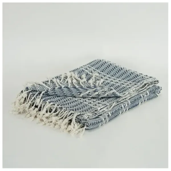 Blankets & Throws-Kirkland's Home Blue And Ivory Striped Cotton Throw Blue/Ivory