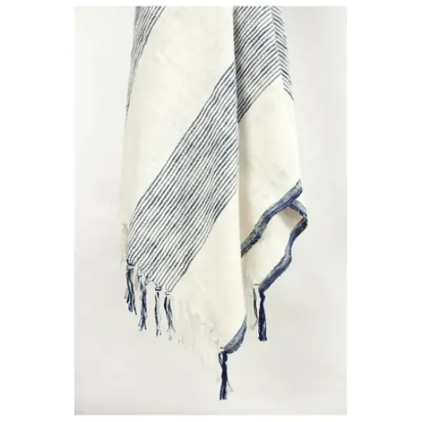 Blankets & Throws-Kirkland's Home Blue And Ivory Striped Woven Cotton Throw Blue/Ivory