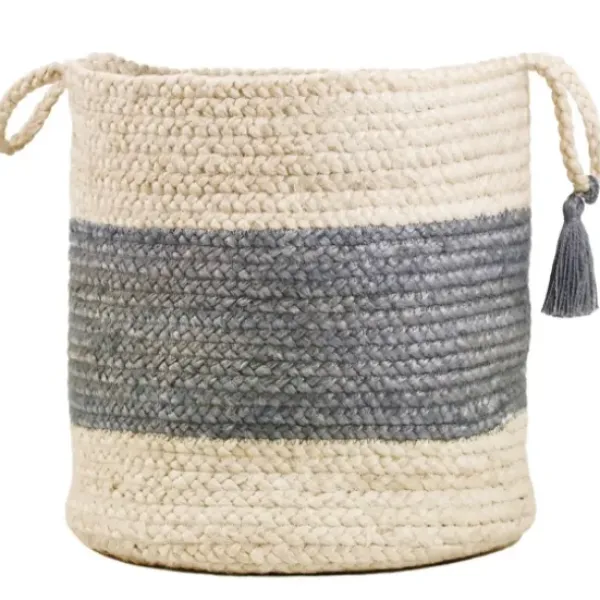 Baskets & Boxes-Kirkland's Home Blue And Tan Woven Jute Basket With Tassel, 17 In. Blue/Tan
