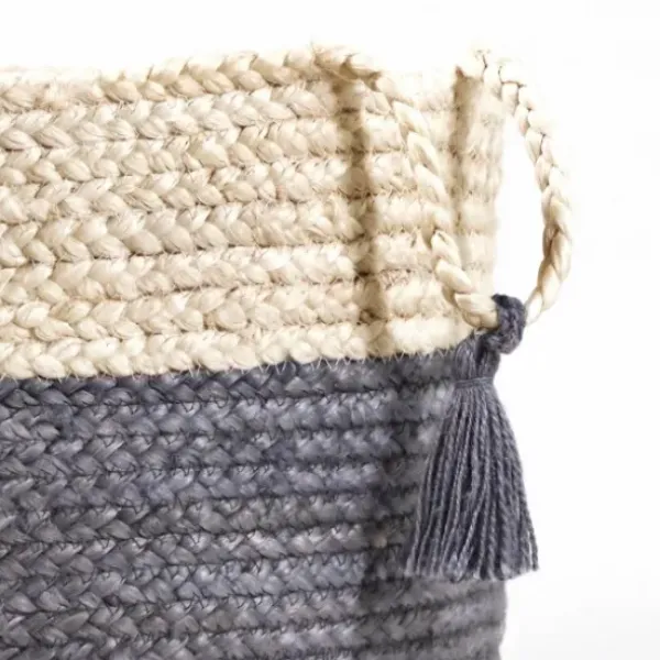 Baskets & Boxes-Kirkland's Home Blue And Tan Woven Jute Basket With Tassel, 17 In. Blue/Tan
