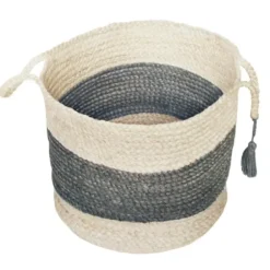 Baskets & Boxes-Kirkland's Home Blue And Tan Woven Jute Basket With Tassel, 17 In. Blue/Tan