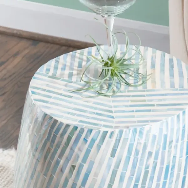 Accent & End Tables-Kirkland's Home Blue And White Mosaic Capiz Shell Drum End Table