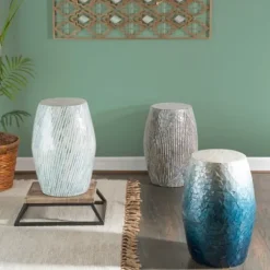 Accent & End Tables-Kirkland's Home Blue And White Mosaic Capiz Shell Drum End Table