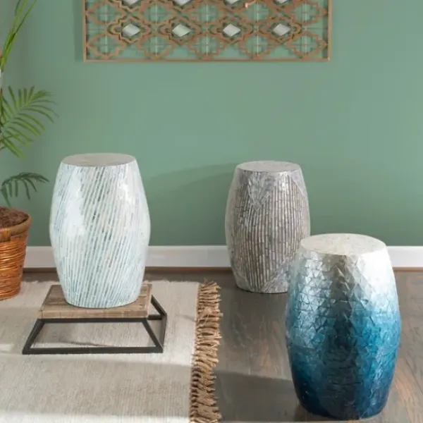 Accent & End Tables-Kirkland's Home Blue And White Mosaic Capiz Shell Drum End Table