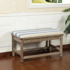 Benches & Ottomans-Kirkland's Home Blue And White Striped Upholstered Wood Bench Blue/White