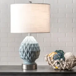 Table Lamps-Kirkland's Home Blue Ceramic Geometric Diamond Table Lamp White