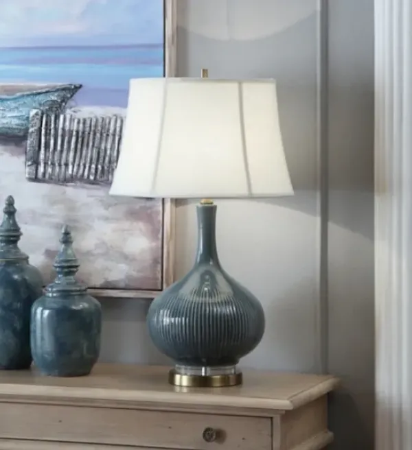 Table Lamps-Kirkland's Home Blue Ceramic Stripe Base Table Lamp White