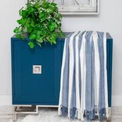 Blankets & Throws-Kirkland's Home Blue Chalet Striped Fringe Throw Blue/White