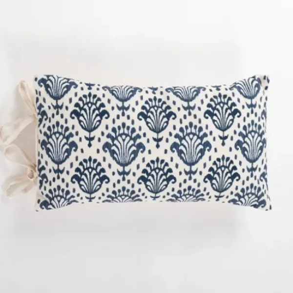 Pillows-Kirkland's Home Blue Damask Print Side Tied Lumbar Pillow Blue/Ivory