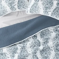 Quilts-Kirkland's Home Blue Damask Reversible 3-Pc. King Quilt Set Blue/White