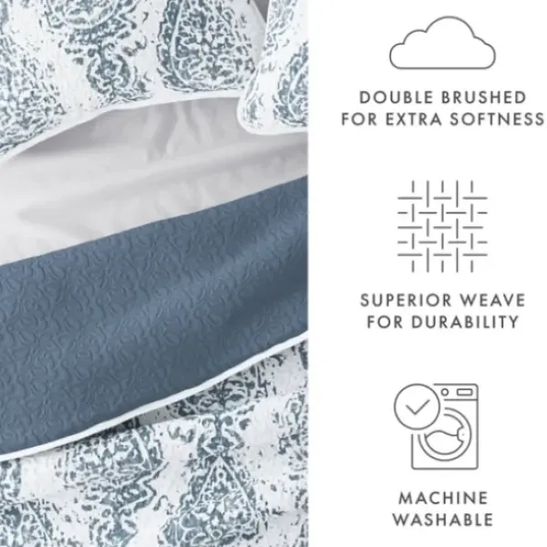 Quilts-Kirkland's Home Blue Damask Reversible 3-Pc. Queen Quilt Set Blue/White