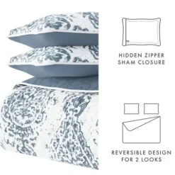 Quilts-Kirkland's Home Blue Damask Reversible 3-Pc. Queen Quilt Set Blue/White