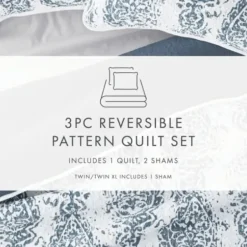 Quilts-Kirkland's Home Blue Damask Reversible 3-Pc. Queen Quilt Set Blue/White