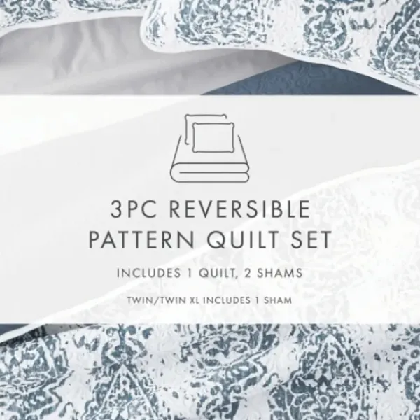 Quilts-Kirkland's Home Blue Damask Reversible 3-Pc. Queen Quilt Set Blue/White