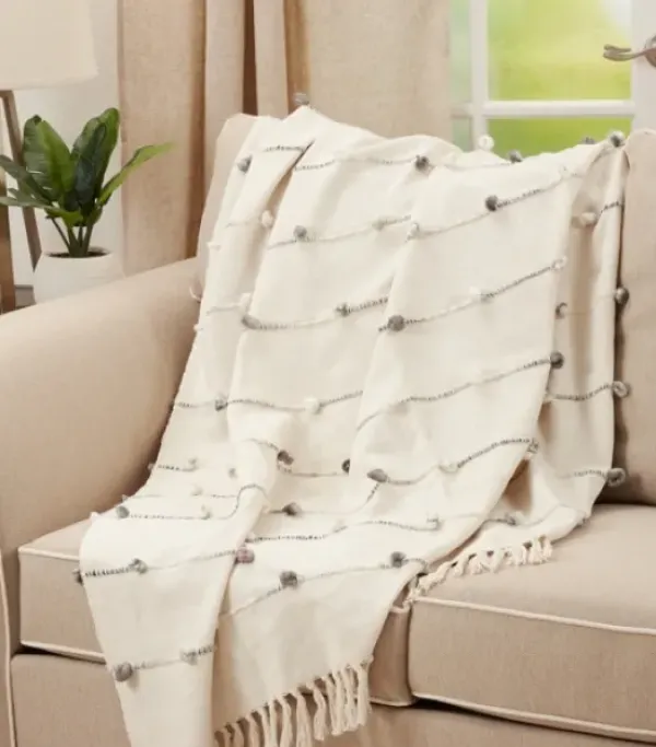 Blankets & Throws-Kirkland's Home Blue Dotted Fringe Throw Blanket Ivory