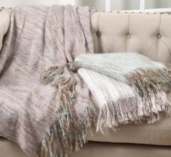 Blankets & Throws-Kirkland's Home Blue Faux Mohair Fringe Throw Blue/Brown