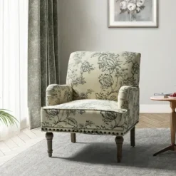 Accent Chairs-Kirkland's Home Blue Floral Nailhead Trim Upholstered Accent Chair Blue/Ivory