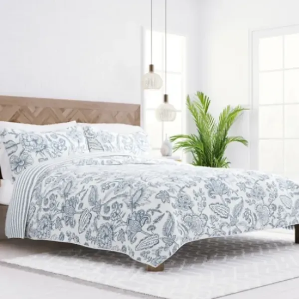 Quilts-Kirkland's Home Blue Jacobean Reversible 3-Pc. Queen Quilt Set Blue/White