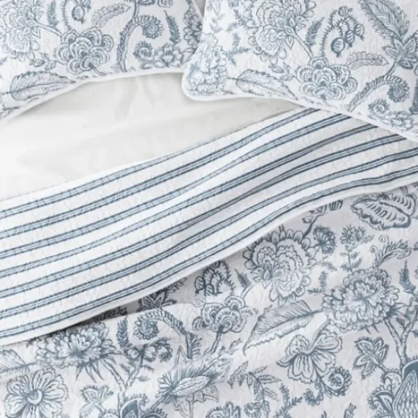 Quilts-Kirkland's Home Blue Jacobean Reversible 3-Pc. Queen Quilt Set Blue/White