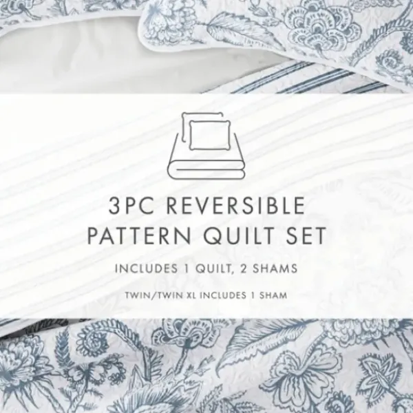 Quilts-Kirkland's Home Blue Jacobean Reversible 3-Pc. King Quilt Set Blue/White