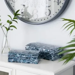 Baskets & Boxes-Kirkland's Home Blue Mother Of Pearl Coastal Boxes, Set Of 2 Blue/White