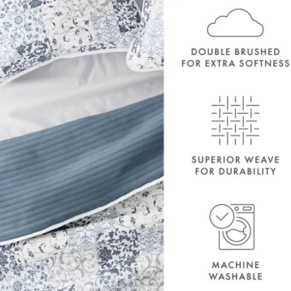 Quilts-Kirkland's Home Blue Patchwork Reversible 3-Pc. Queen Quilt Set Blue/White/Gray