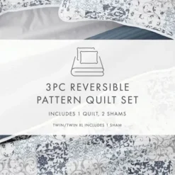 Quilts-Kirkland's Home Blue Patchwork Reversible 3-Pc. Queen Quilt Set Blue/White/Gray