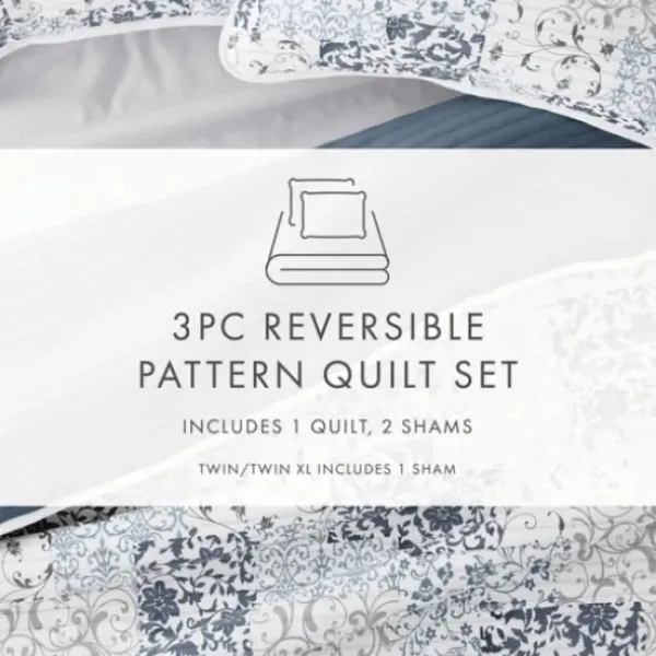 Quilts-Kirkland's Home Blue Patchwork Reversible 3-Pc. Queen Quilt Set Blue/White/Gray