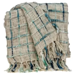 Blankets & Throws-Kirkland's Home Blue Primitive Squares Handloomed Throw Blanket Blue/Tan/Green