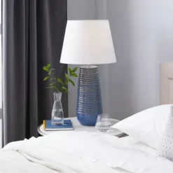 Table Lamps-Kirkland's Home Blue Ribbed Stoneware Table Lamp White
