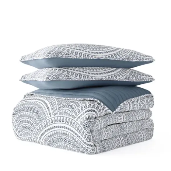 Quilts-Kirkland's Home Blue Scalloped Reversible 3-Pc. Queen Quilt Set Blue/White