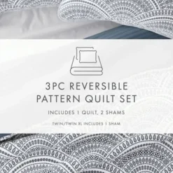 Quilts-Kirkland's Home Blue Scalloped Reversible 3-Pc. Queen Quilt Set Blue/White
