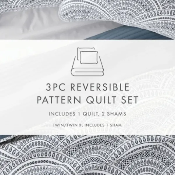Quilts-Kirkland's Home Blue Scalloped Reversible 3-Pc. King Quilt Set Blue/White