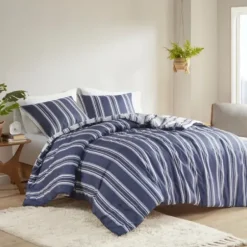Comforters-Kirkland's Home Blue Stripe Jackson 3-Pc. Full/Queen Comforter Set Blue/White
