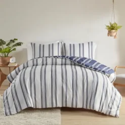 Comforters-Kirkland's Home Blue Stripe Jackson 3-Pc. King Comforter Set Blue/White