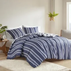 Duvets-Kirkland's Home Blue Stripe Reversible 3-Pc. Queen Duvet Cover Set Blue/White