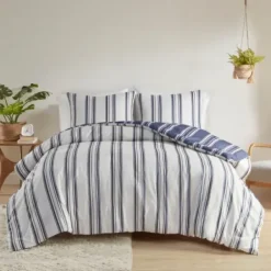 Duvets-Kirkland's Home Blue Stripe Reversible 3-Pc. Queen Duvet Cover Set Blue/White