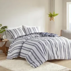 Duvets-Kirkland's Home Blue Stripe Reversible 3-Pc. Queen Duvet Cover Set Blue/White