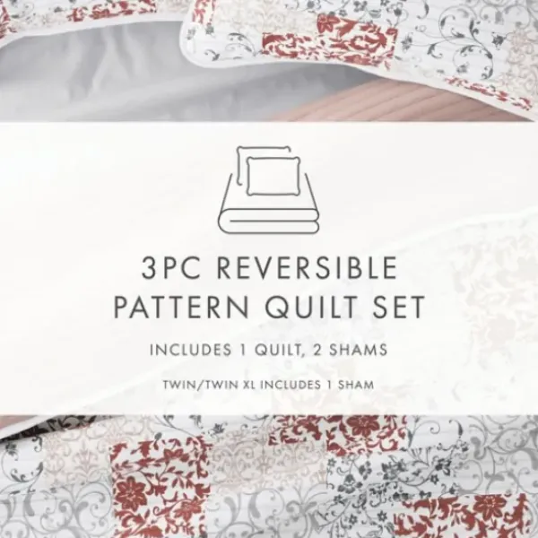 Quilts-Kirkland's Home Blush Patchwork Reversible 3-Pc. King Quilt Set Pink/White/Gray