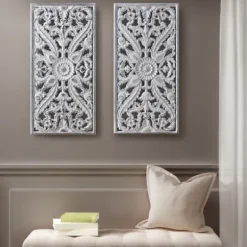 Wall Plaques-Kirkland's Home Botanical Wood Carved Panel Wall Plaques, Set Of 2 White