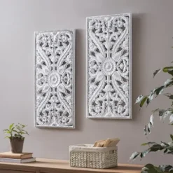 Wall Plaques-Kirkland's Home Botanical Wood Carved Panel Wall Plaques, Set Of 2 White