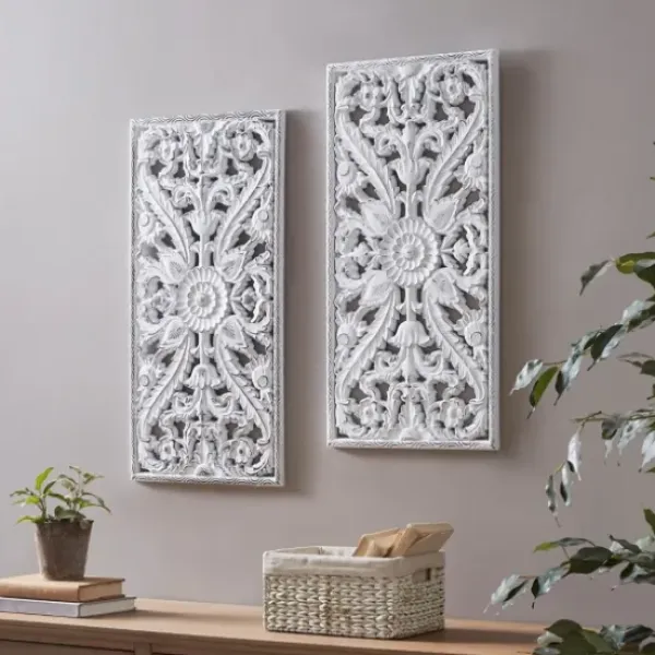 Wall Plaques-Kirkland's Home Botanical Wood Carved Panel Wall Plaques, Set Of 2 White