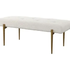 Benches & Ottomans-Kirkland's Home Boucle Seat And Gold Legs Bench White