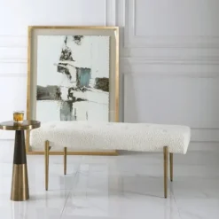 Benches & Ottomans-Kirkland's Home Boucle Seat And Gold Legs Bench White