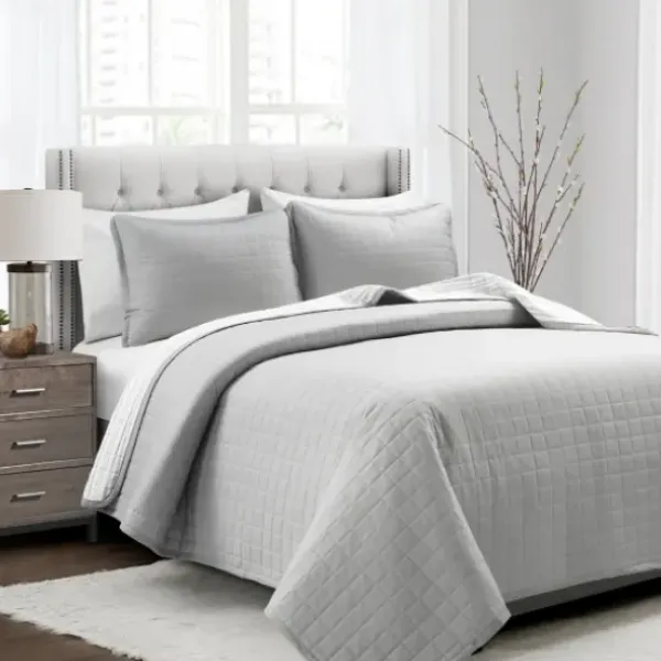 Quilts-Kirkland's Home Box Stitch Cotton Full/Queen 3-Pc. Quilt Set Gray