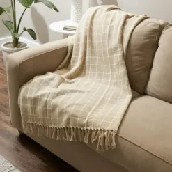 Blankets & Throws-Kirkland's Home Brandy Plaid Fringed Throw Tan